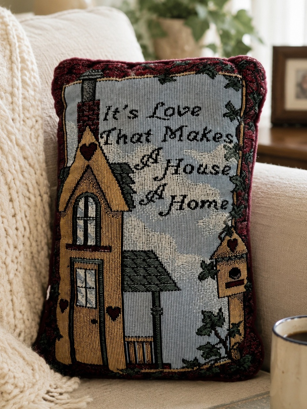 "It's Love That Makes A House A Home" Decorative Pillow - Burgundy & Gold